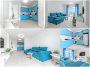 three different views of a living room with blue furniture at Blue apartment with One bedroom, WiFi and amazing view in Chayofa