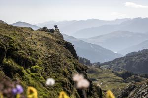 a person standing on top of a mountain overlooking a valley at Chalet Andreashof in Gerlos