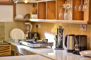 a kitchen with a stove and a counter top at Kiamboni House in Nungwi +12 photos