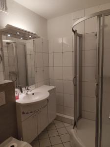 a bathroom with a sink and a shower at Apartment Morgengruß - Pool & Sauna in Hohegeiß