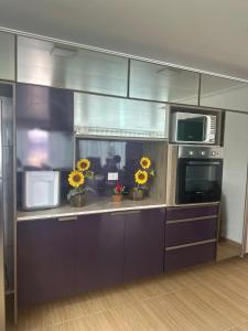 una cucina con bancone e girasoli di Casa Forte Refúgio a Bezerros