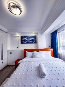 a bedroom with a large bed with a blue curtain at Carolina Homes - Kilimani in Nairobi