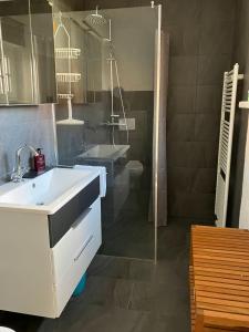 a bathroom with a sink and a shower at Ferienwohnung Dralle in Bergen +70 photos