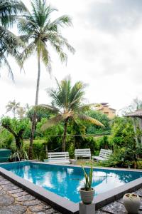a swimming pool with two chairs and palm trees at Asanka Surf House & Resturant in Midigama +48 photos
