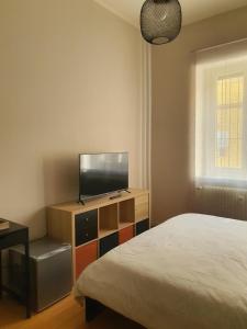 a bedroom with a bed and a flat screen tv at Room - Garden - private bathroom in Turin