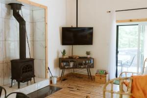 a living room with a fireplace and a tv at L'Echappee Belle - lake and SPA in Saint Come