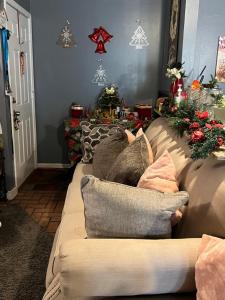 a living room with a couch and christmas decorations at Blue Beauty located by LSU in Baton Rouge