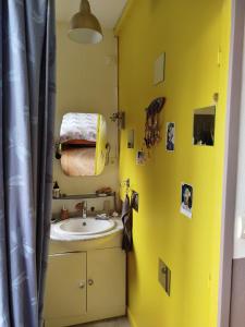 a bathroom with a sink and a yellow wall at Cosy House in Quimper +6 photos