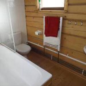 a bathroom with a white toilet and a red towel at Hand built log cabin at Avonvale Holiday Lodges in Evesham
