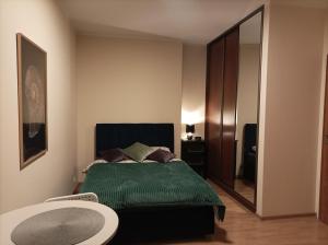 a bedroom with a green bed and a mirror at Solidarnosci155GuestRooms in Warsaw +57 photos
