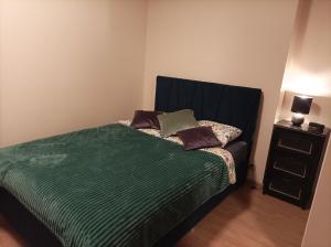 Solidarnosci155GuestRooms في وارسو: غرفة نوم بسرير وبطانية خضراء ومخدات