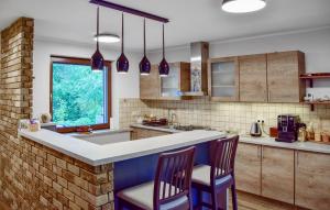 a kitchen with a counter with two chairs and a sink at 2 Bedroom Awesome Home In Gorzkie Pole in Wronczyn