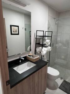 Un baño con lavabo, inodoro y ducha. en Loft Sant Marteen - Americana, en Guadalajara