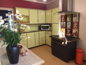 a kitchen with a vase of flowers on a table at Le gîte du familistère -399 in Guise