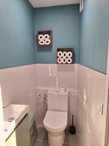 a bathroom with a white toilet and a sink at Maison de vigne pleine de charme in Millau