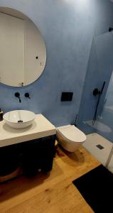 a bathroom with a toilet and a sink and a mirror at Retiro Studio 34 in Guimarães +8 photos