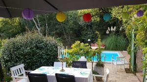 a table and chairs under an umbrella next to a pool at Villa Fontane Provence in La Garde-Freinet +41 photos