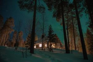 a log cabin in the woods at night at Akolampi cottage in Impiö