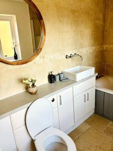 a bathroom with a toilet and a sink and a mirror at 1 Old Sefter School House in Bognor Regis