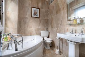 a bathroom with a tub and a toilet and a sink at Afon Rhaiadr Country House in Dolgellau