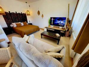 a living room with a couch and a bed and a television at Gardenhill COSY in Lau-Balagnas