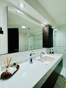 a bathroom with a sink and a large mirror at Edificio Guay I in Concepción del Uruguay +41 photos