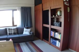 a living room with a couch and a book shelf at Casa Lego in Dina Huapi