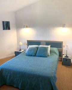 ein Schlafzimmer mit einem blauen Bett mit zwei Lampen in der Unterkunft Nichoir des gorges in Montolieu