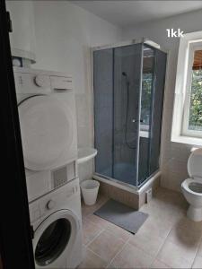 a bathroom with a shower and a washing machine at Ubytování v soukromí in Choustníkovo Hradiště