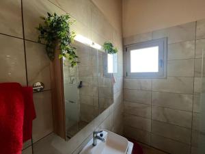 a bathroom with a sink and a shower with plants at Blue waves house 1 in Rhodes Town +26 photos