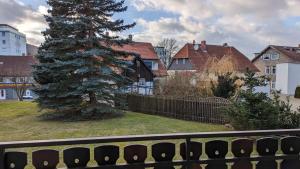 Un árbol de Navidad en un patio junto a una valla en Ferienwohnung "Fürstenhof", en Bad Harzburg