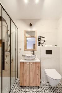a bathroom with a sink and a toilet and a mirror at TYLICZ W DECHĘ Pokoje i Apartamenty in Tylicz +47 photos