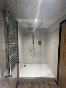 a bathroom with a shower with a shower curtain at Princes Street Executive Apartment 1 in Thurso