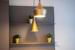 une lampe suspendue suspendue au-dessus d'une étagère avec des plantes en pot dans l'établissement N-149 Luxury Apartments, à Bari