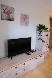 a flat screen tv sitting on top of a wooden dresser at "Gemütliches HomeAway" - Dein Zuhause in der Ferne in Kirchberg an der Jagst