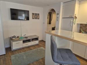 a kitchen with a counter and a tv on the wall at Haus Crestas in Samnaun