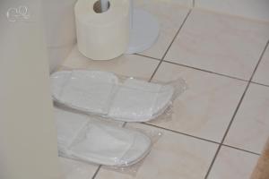 a bathroom with a toilet and a roll of toilet paper at GQ Deluxe Apartment in Saarbrücken +26 photos