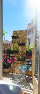 a view from a window of a patio with flowers at Wonderful heart of Nice in Nice