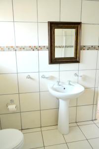 uma casa de banho com um lavatório, um espelho e um WC. em Jakobs Guesthouse & Cottage em East London