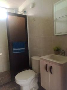 a bathroom with a white toilet and a sink at Polandia in Villa Silvia