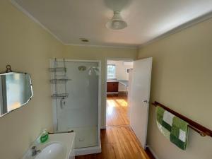 a bathroom with a sink and a mirror at Relaxing Raglan & the Boat House in Raglan +41 photos