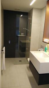 a bathroom with a shower and a sink and a mirror at Camberwell Vacation Apartment in Melbourne