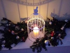 a bird cage with a light on top of christmas trees at Gîte proche de Blois, jardins et châteaux, parfait pour vos vacances en famille - FR-1-491-343 in Saint-Gervais-la-Forêt
