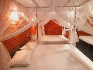 - 2 lits dans un dortoir doté de moustiquaires blanches dans l'établissement Sandalwood Family Cottages, à Uda Walawe