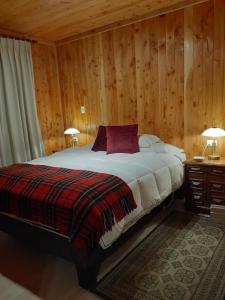a bedroom with a bed and two tables and two lamps at Conaripe B&B in Coñaripe