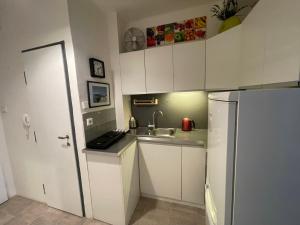 a small kitchen with a sink and a refrigerator at Agnes - Romance in city II. in Prague