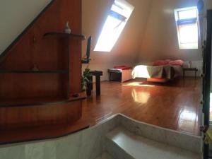 a living room with a bed and a wooden floor at Apartment Simba - Studio Apartment ST in Supetar