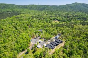an aerial view of a house in the middle of a forest at Modern Cabin Oaklawn in 10 min Private Patio in Hot Springs