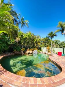a swimming pool in a backyard with palm trees at Garden Retreat House Sunnybank Hills in Brisbane +11 photos