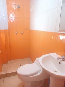een badkamer met toilet en wastafel bij Hospedaje Vista al Lago in Puno